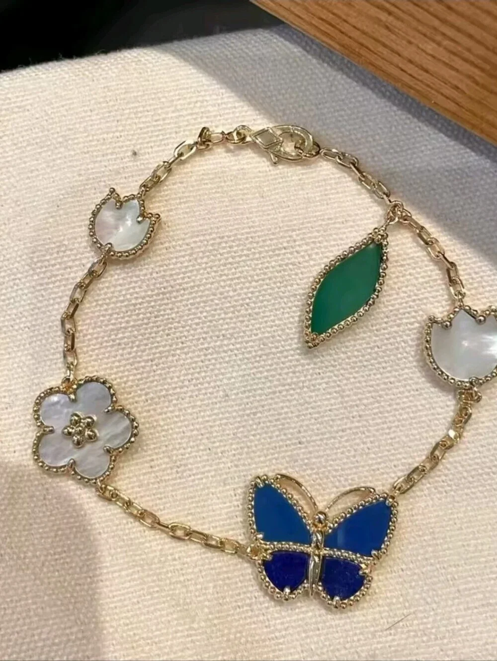 Luxury Gold Butterfly & Floral Bracelet - Blue, White, Green
